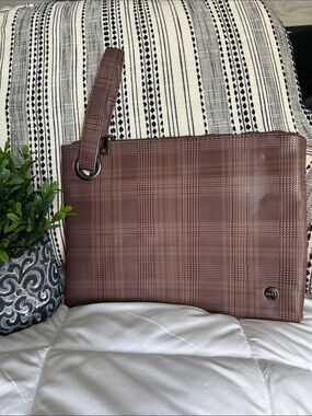 Modern & Chic Brown Plaid Wristlet with Polished Logo NWOT